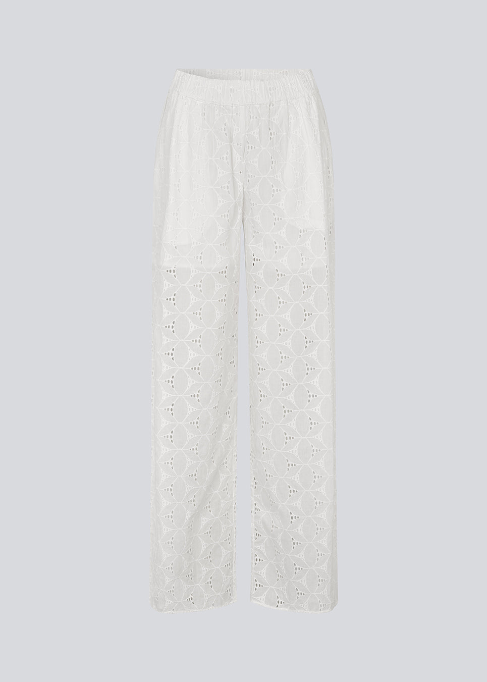 Hvide bukser med vide ben i broderie angalise. NanetteMD pants har en elastisk talje og foer.