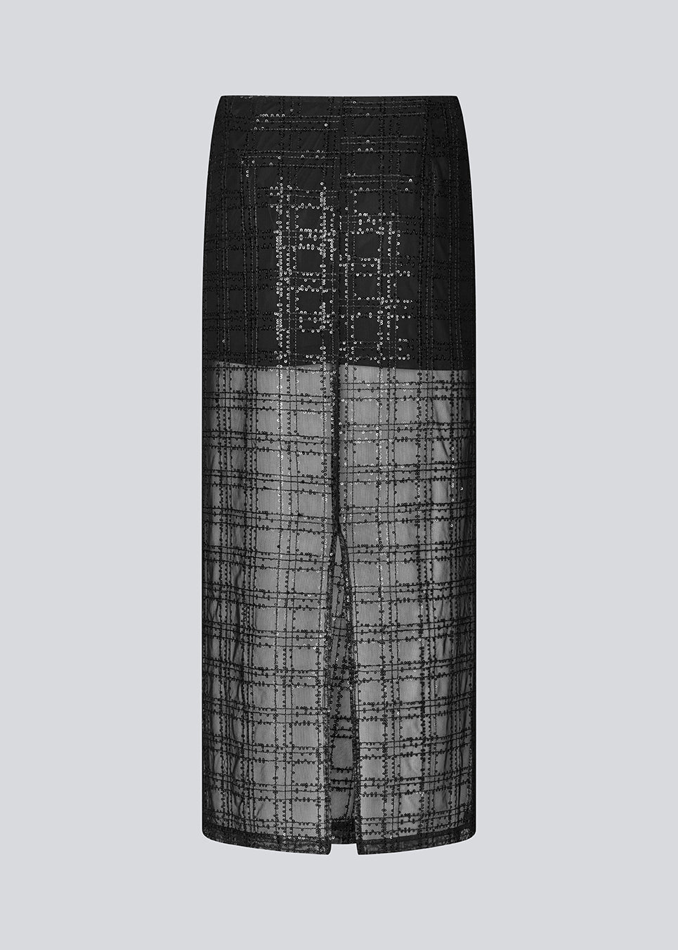 Lang nederdel med i et transparant materiale med palietter. Paerleenmd long skirt har foer, en usynlig lynlås i siden og en slids