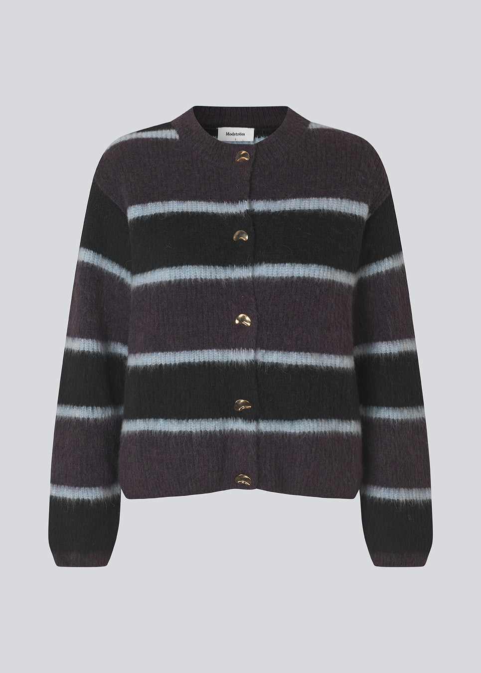 Blød strikket cardigan med striber. Rafaelmd stripe cardigan har rund hals og flotte metalknapper – en klassisk strik med et moderne twist.