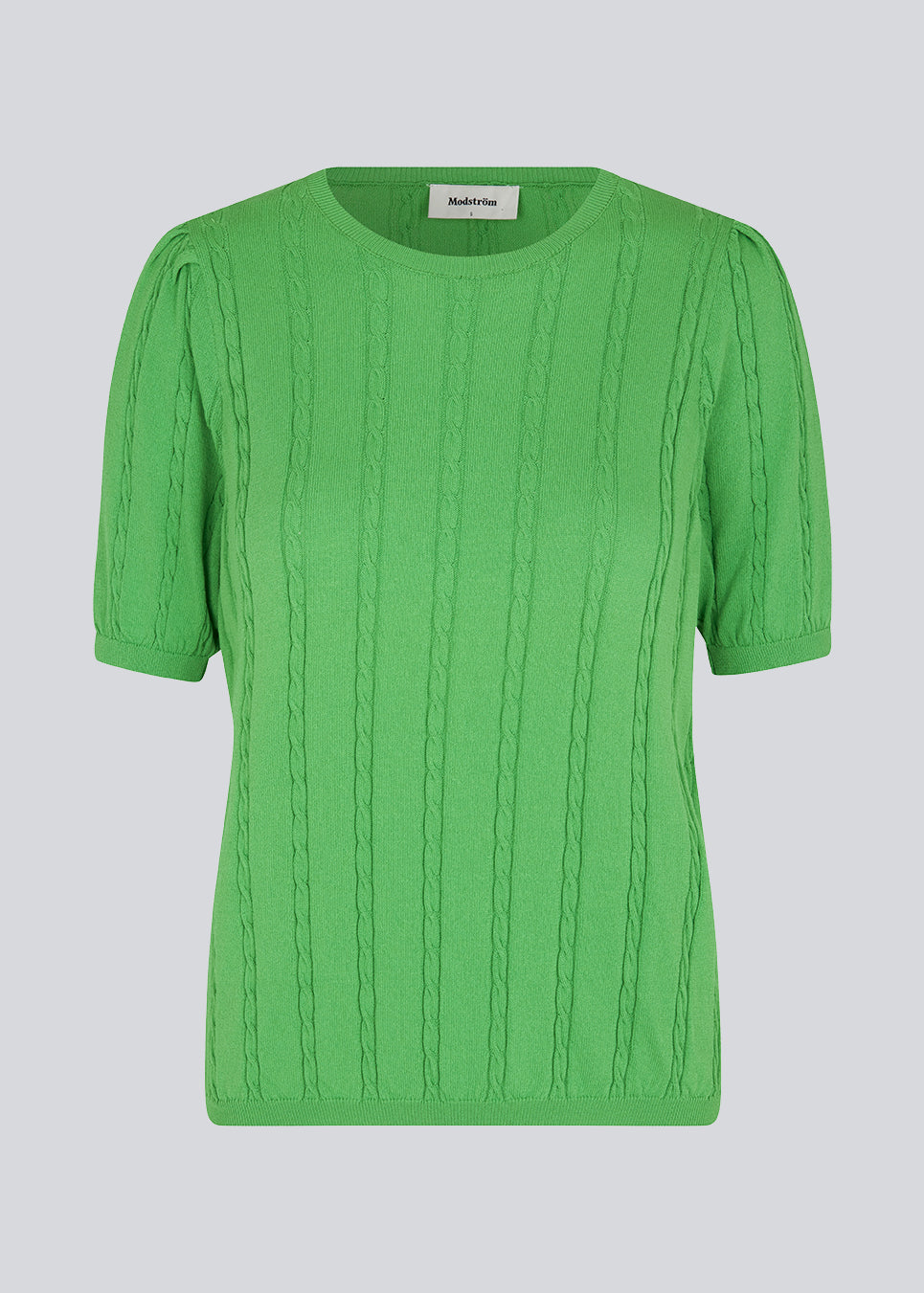 Kortærmet striktrøje i grøn i kabelstrik med rund hals og pufærmer. CarltonMD o-neck er smal og stretchy i pasformen.