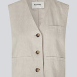 Kort beige vest i vævet hørkvalitet i beige. ParkMD vest har en dyb v-udskæring, knapper og en afslappet og løs silhuet.&nbsp;