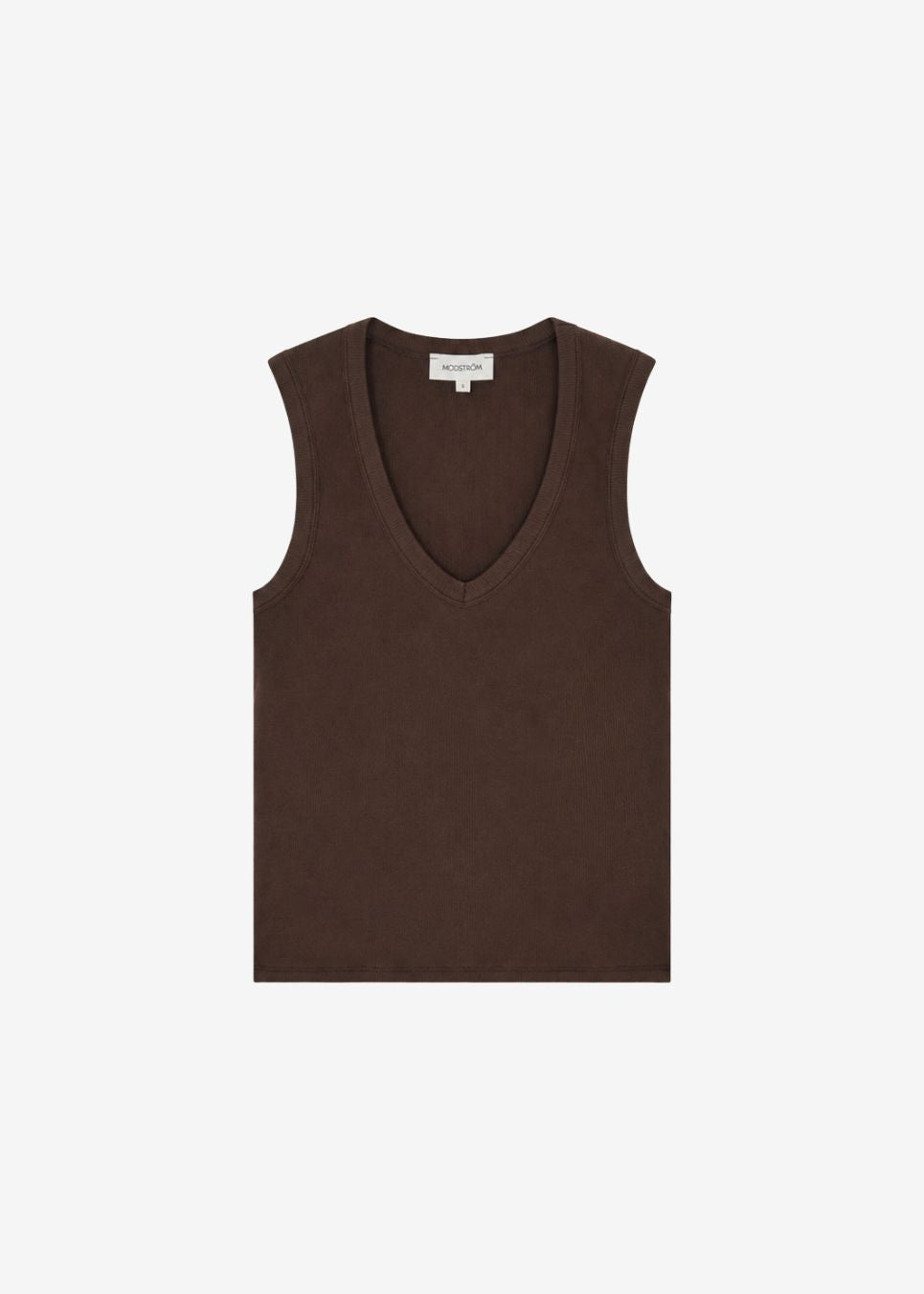 Tætsiddende ærmeløs top med dyb V-udskæring. Igormd v-neck top er skabt i ribbet økologisk bomuld med stretch. Brug den under en åben skjorte eller med bukser med vide ben.