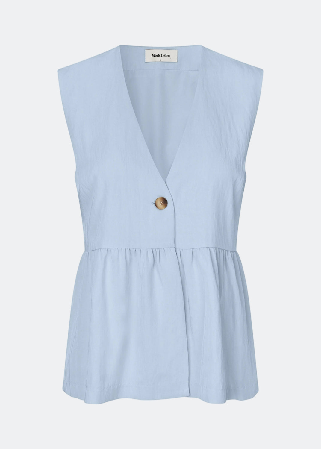 Feminin vest-top med rynket, løs bund. AgneteMD Vest er ærmeløs med V-udskæring og enkel knaplukning. Kan styles alene eller lag-på-lag for et moderne og alsidigt look.