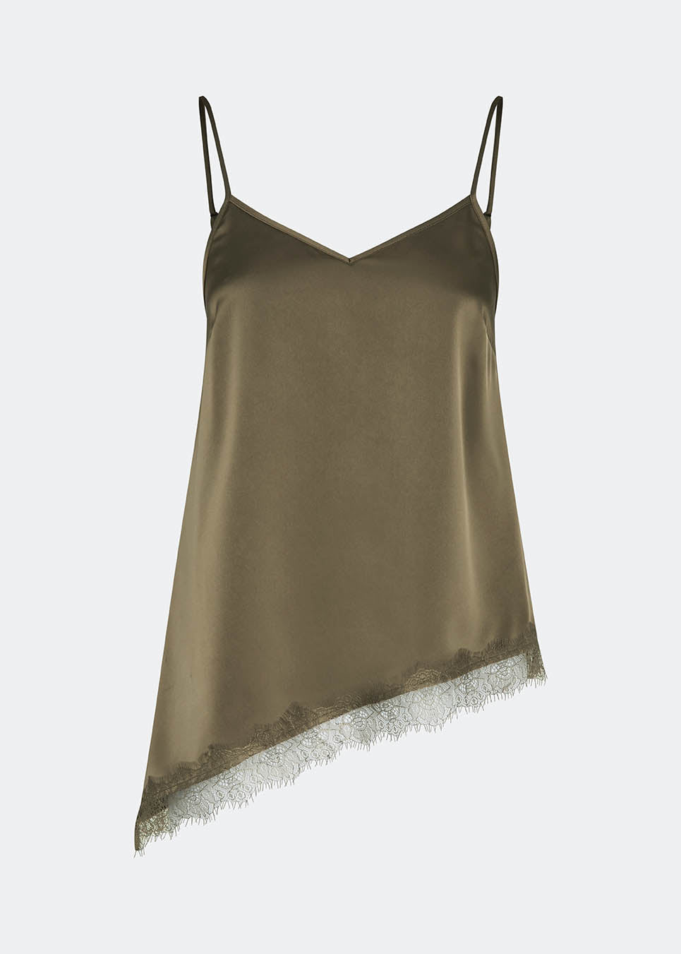 Slip-top i satin med kontrast-blondekant. AlinkaMD Top har spaghetti-stropper, V-udskæring og asymmetrisk bund, længere i den ene side. En elegant top, perfekt alene eller til lag-på-lag styling.