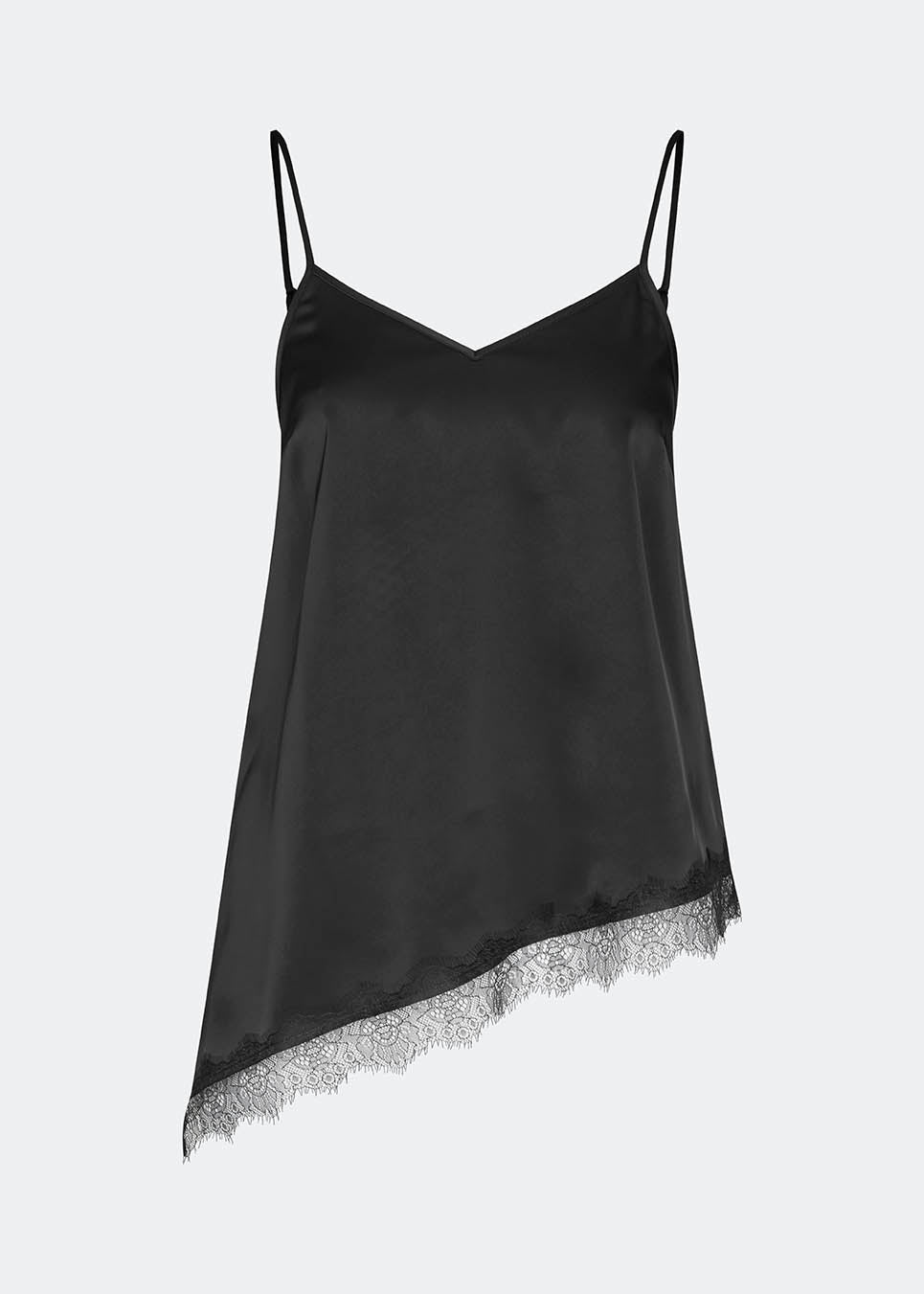 Slip-top i satin med blondekant. AlinkaMD Top har spaghetti-stropper, V-udskæring og asymmetrisk bund, længere i den ene side. En elegant top, perfekt alene eller til lag-på-lag styling.