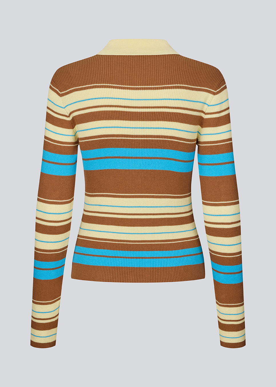 Langærmet cardigan med polokrave og striber. AslanMD Cardigan er designet i ribstrik i 100% økologisk bomuld med elastik, der giver et tætsiddende og komfortabelt fit. Perfekt til lag-på-lag styling eller som en elegant hverdagsfavorit.