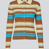 Langærmet cardigan med polokrave og striber. AslanMD Cardigan er designet i ribstrik i 100% økologisk bomuld med elastik, der giver et tætsiddende og komfortabelt fit. Perfekt til lag-på-lag styling eller som en elegant hverdagsfavorit.