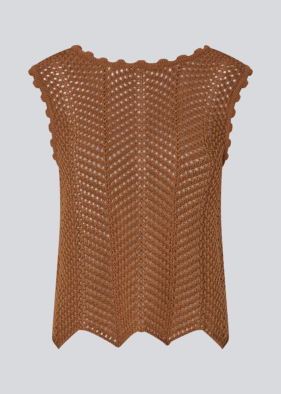 Hæklet top uden ærmer i multifarvet økologisk bomuld. CaryMD top har detaljerede kanter og en dyb v-udskæring på ryggen. 