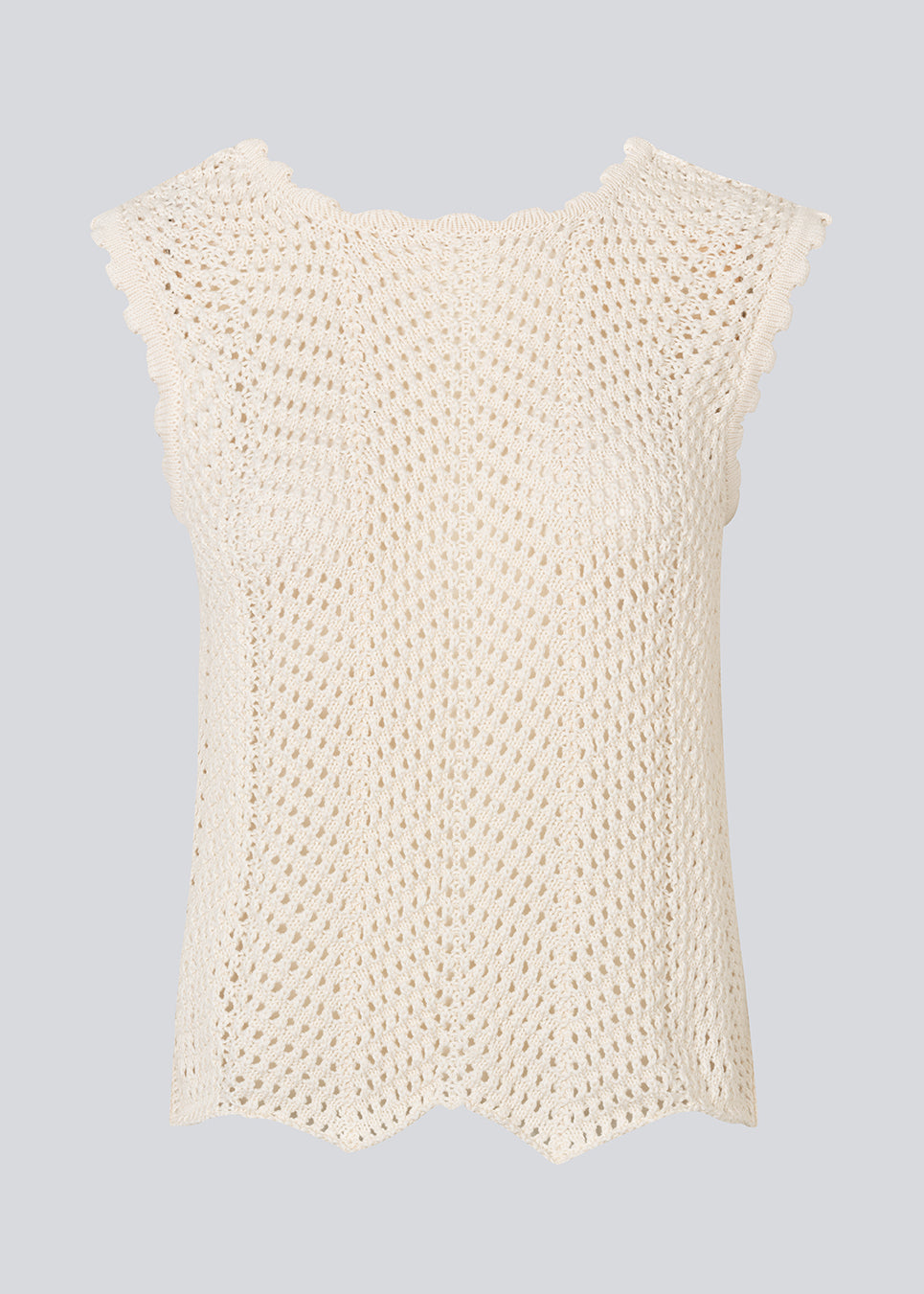 Hæklet top uden ærmer i multifarvet økologisk bomuld. CaryMD top har detaljerede kanter og en dyb v-udskæring på ryggen.