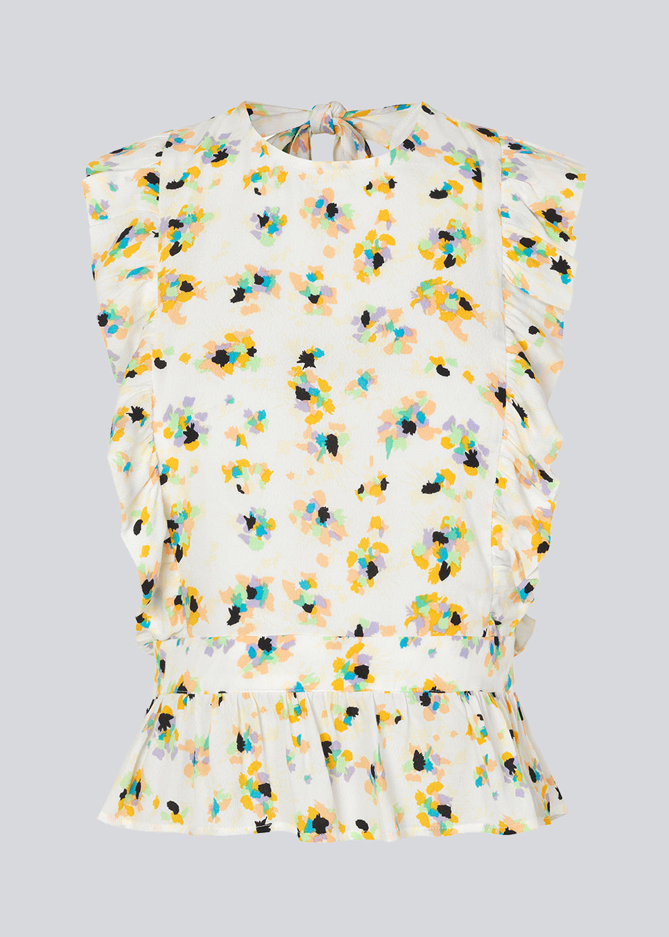 Ærmeløs top i farven Flower Sparkles med høj hals og let peplum-effekt. DafneMD print top har flæsedetaljer ned over skuldrene og forneden, samt åbning i ryggen med bindebånd. Modellen er 177 cm og har en størrelse S/36 på.
