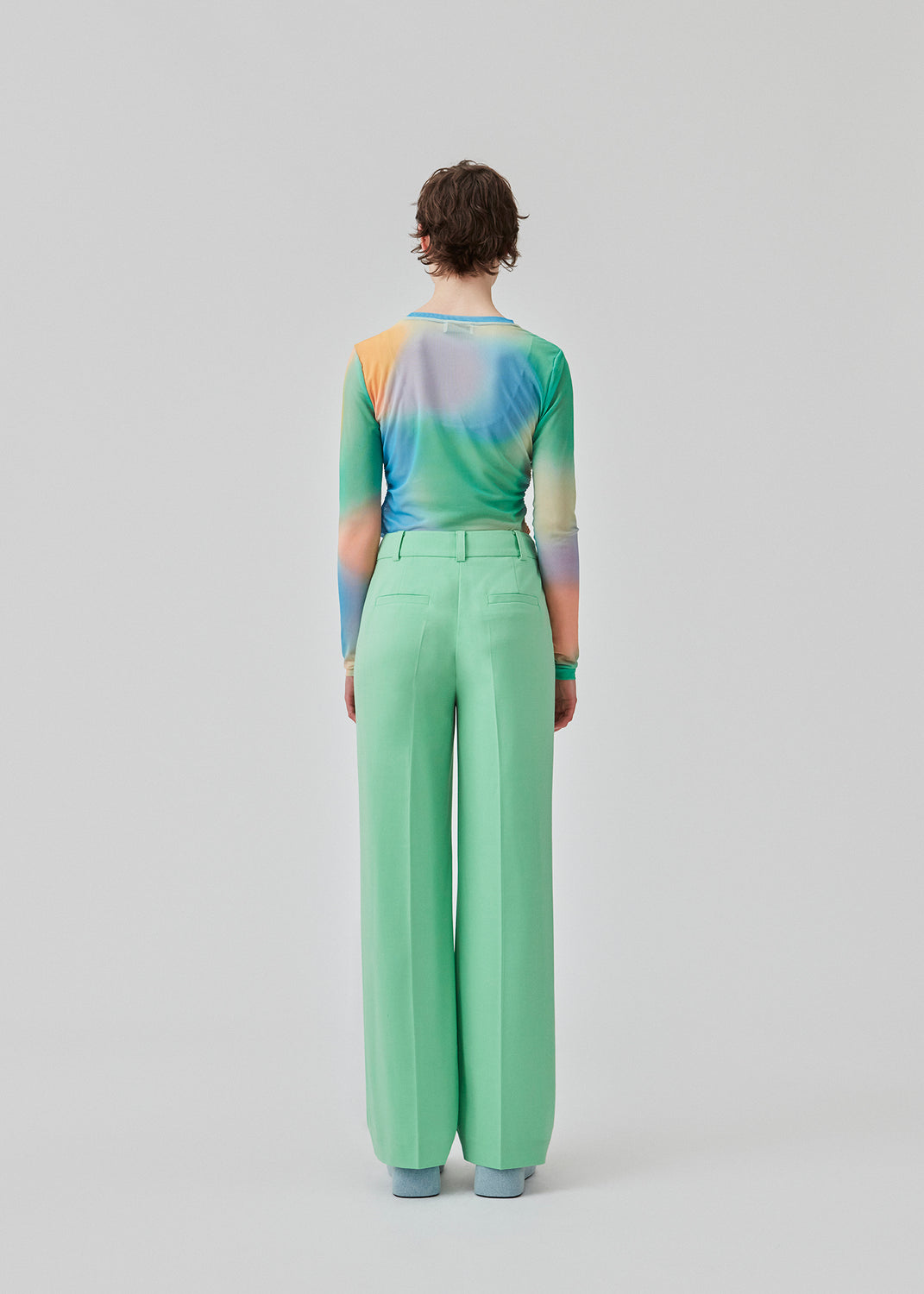 Langærmet mesh top med rund hals. DinneMD print top har en tætsiddende silhuet og rynkedetalje foran. Modellen er 177 cm og har en størrelse S/36 på.