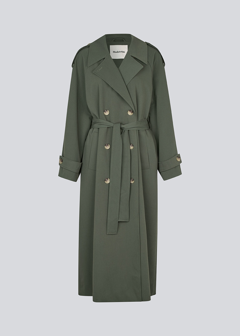 Oversized dobbeltradet trenchcoat med bindebånd i taljen i mørkegrøn. EvieMD jacket har lav skuldersøm og lange, brede ærmer. Med foer.&nbsp;