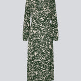 Midi-kjole i printet EcoVero viskose med v-udskæring og wrap-effekt foran. FernMD print wrap dress har bredt bindebælte i taljen og lange ballonærmer. Modellen er 175 cm og har en størrelse S/36 på.