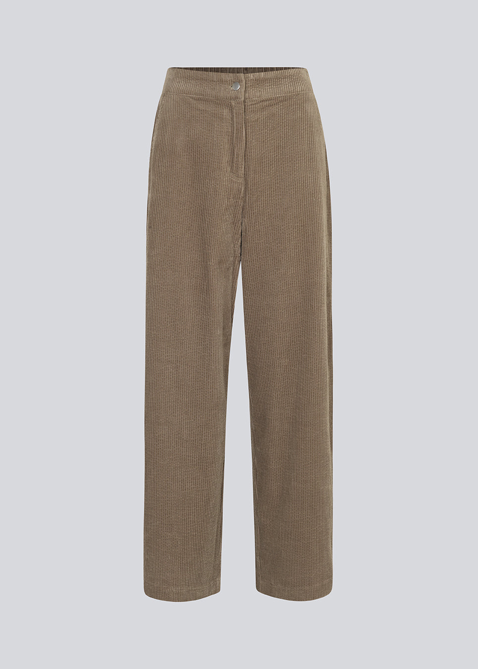 Fløjlsbukser i beige med lange, brede ben og høj talje med lynlåsgylp og knap samt elastik bagpå. FikaMD pants er med foer. 