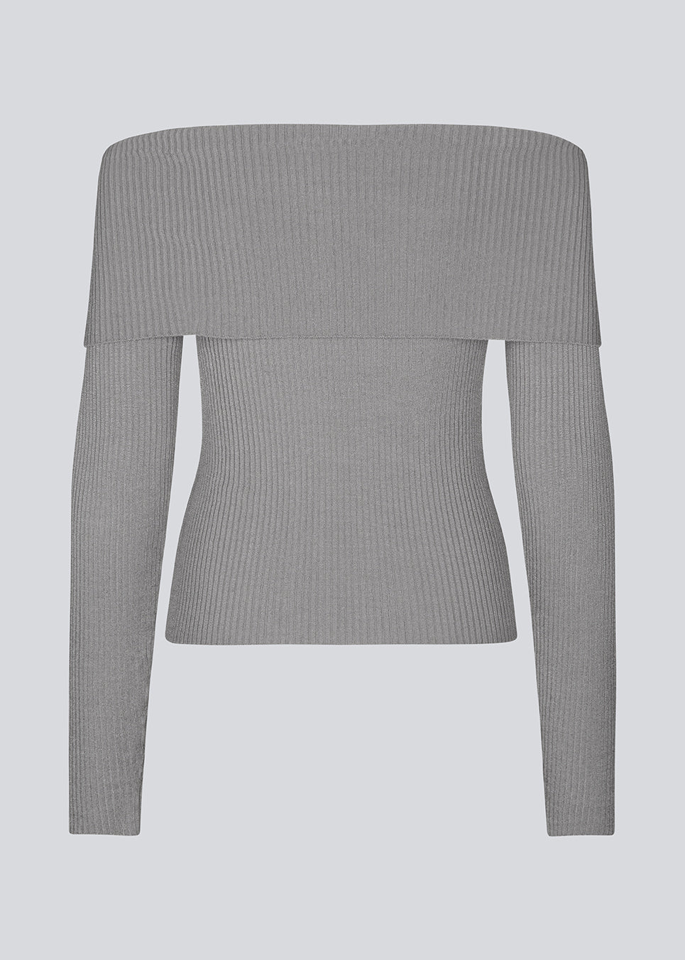 Ribstrikket grå top i stretchy kvalitet. GaryMD top har en tætsiddende facon med lange ærmer og off shoulder udskæring med ombukket detalje. Modellen er 175 cm og har en størrelse S/36 på.