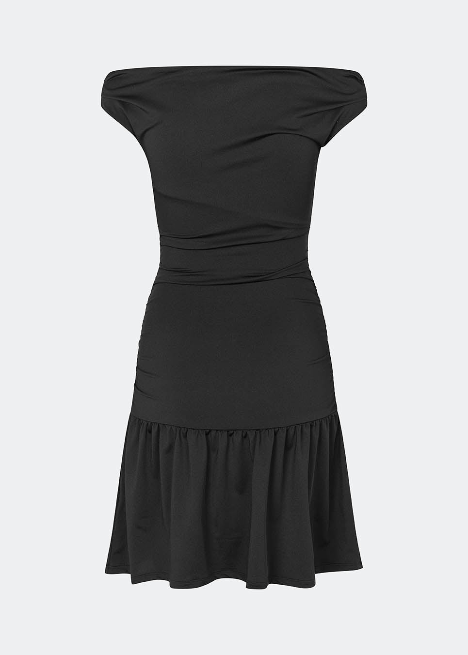 Off-shoulder kjole i en blød og stretchy kvalitet. HimaMD Flare Dress har en tætsiddende silhuet med bred, foldet halsudskæring, der kan bæres off-shoulder, draperede detaljer omkring taljen og et feminint skørt med flæsekant. Det figursyede design fremhæver silhuetten, mens den bløde kvalitet sikrer en komfortabel pasform.