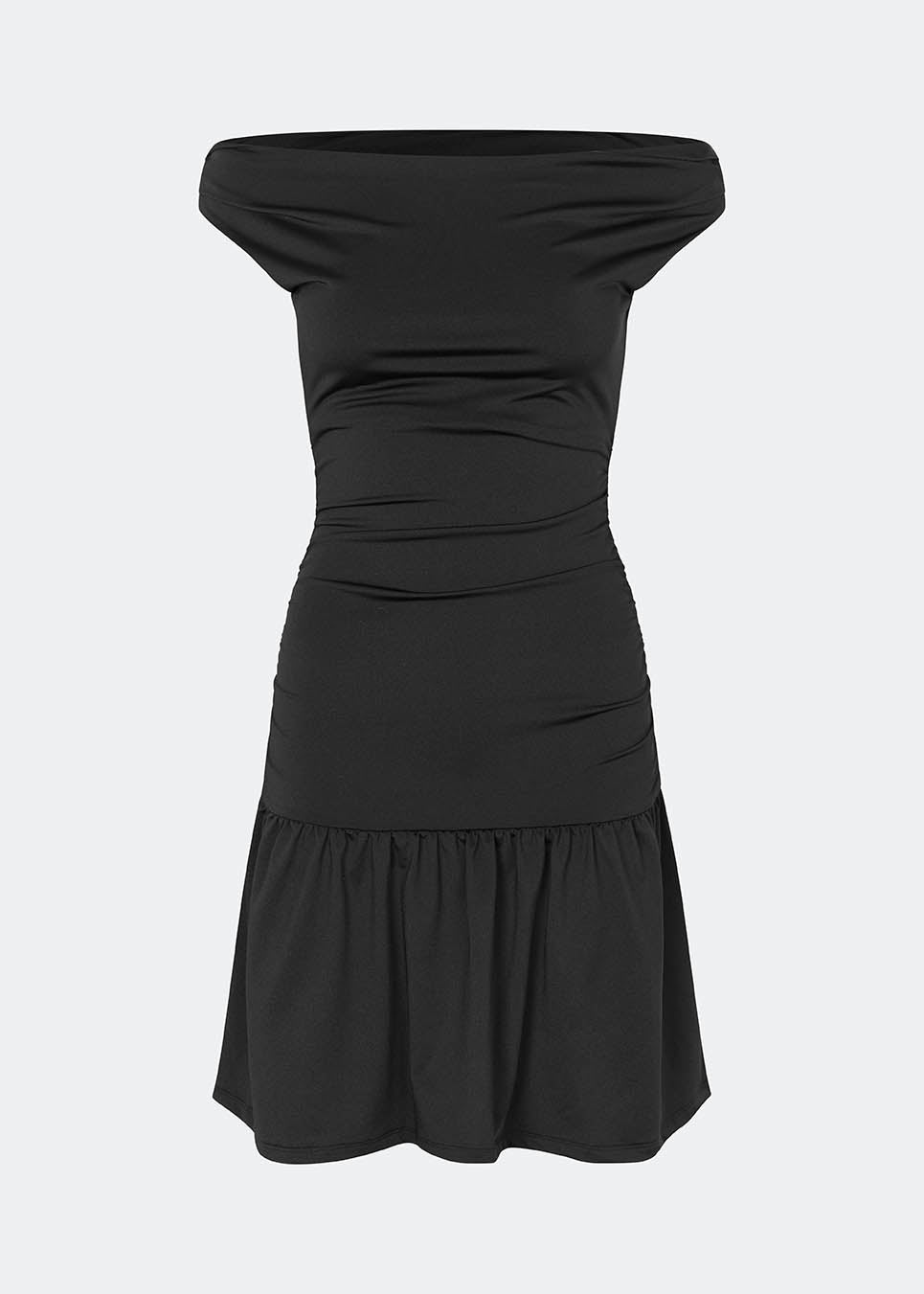 Off-shoulder kjole i en blød og stretchy kvalitet. HimaMD Flare Dress har en tætsiddende silhuet med bred, foldet halsudskæring, der kan bæres off-shoulder, draperede detaljer omkring taljen og et feminint skørt med flæsekant. Det figursyede design fremhæver silhuetten, mens den bløde kvalitet sikrer en komfortabel pasform.