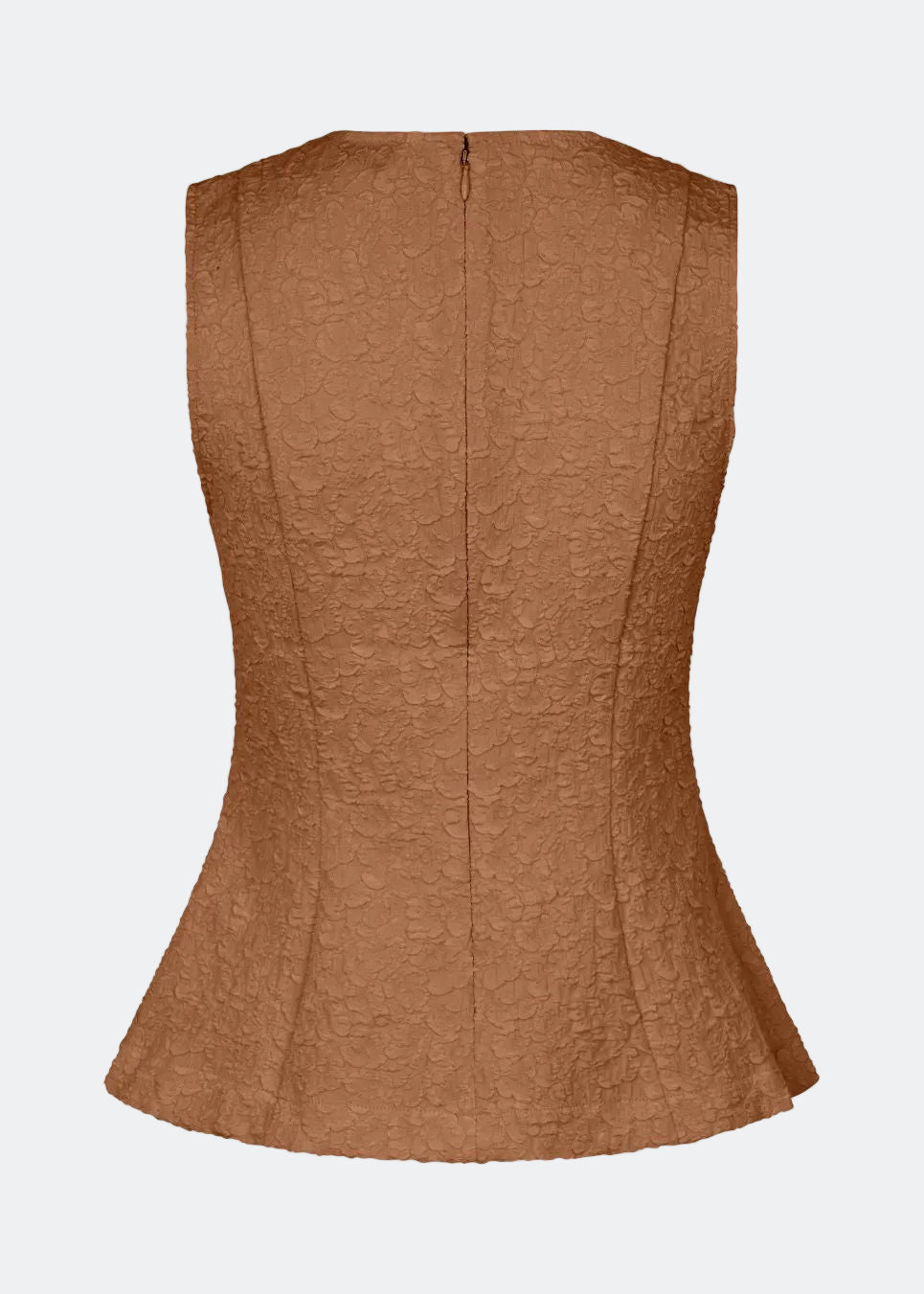 Figursyet top uden ærmer i struktureret materiale. HollisMD top har en høj v-formet halsudskæring med skjult lynlås i nakken.