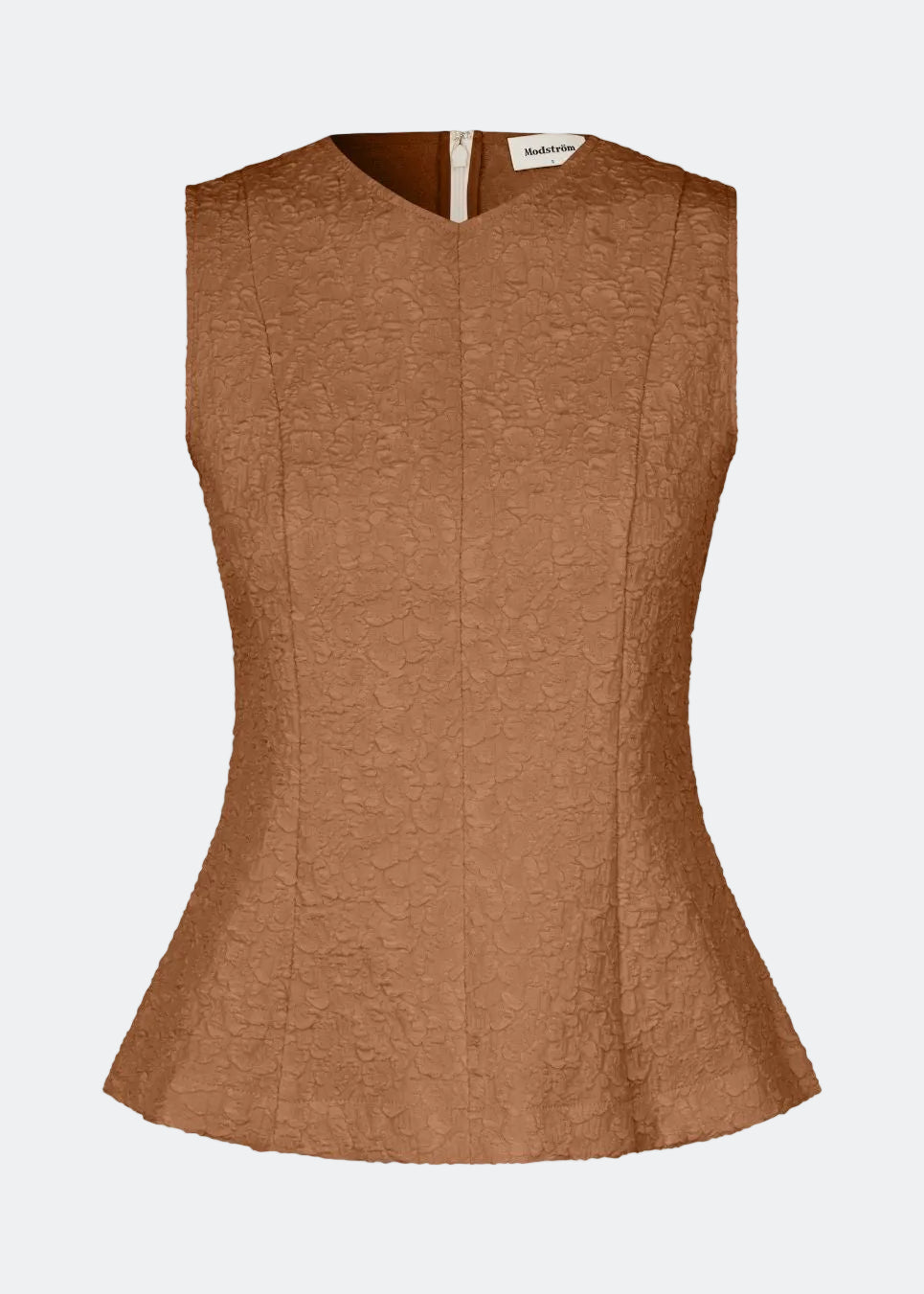 Figursyet top uden ærmer i struktureret materiale. HollisMD top har en høj v-formet halsudskæring med skjult lynlås i nakken.