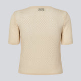 Strikket kortærmet cardigan i beige i løs pasform. IggyMD cardigan er i let gennemsigtigt materiale og har en V-udskæring samt ribkant.