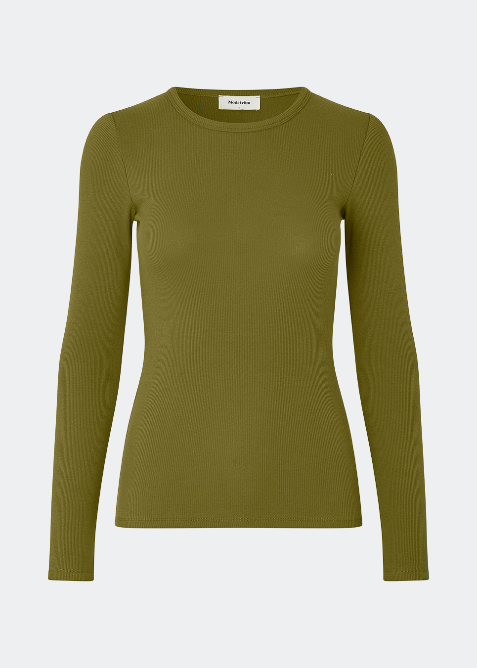 Blød, tætsiddende langærmet T-shirt i økologisk bomuldsrib med stretch og rund halsudskæring. Brug den under en blazer eller med bukser med vide ben.