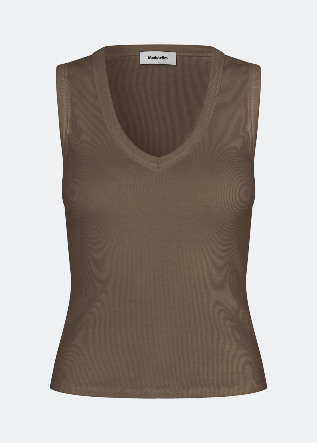 Ærmeløs brun top i ribbed bomuldsjersey. Igormd tank top har en tætsiddende pasform og en rund halsudskæring. cropped pasform med lange ærmer.