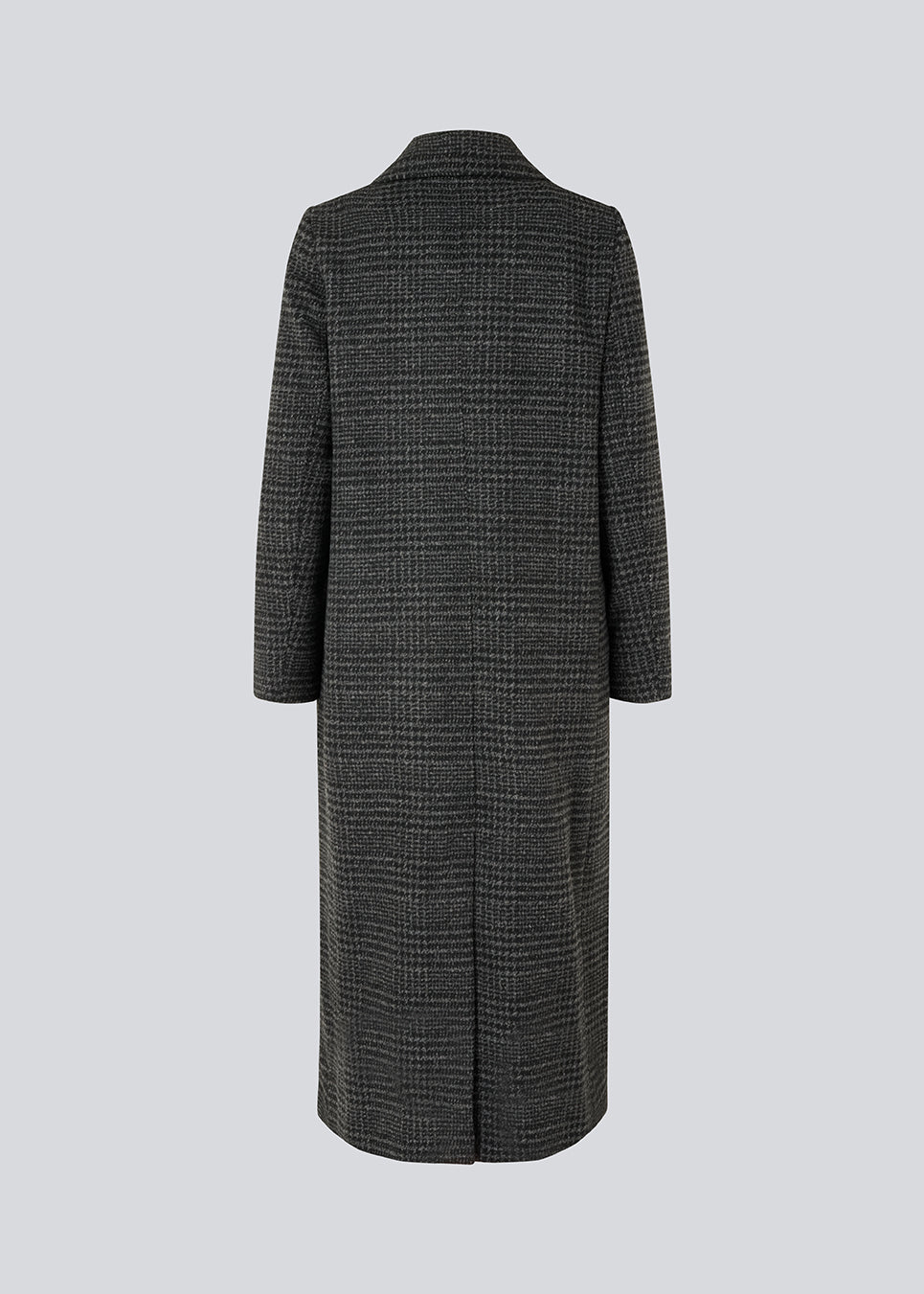 Klassisk, dobbeltradet uldfrakke i mørkegrå med krave og revers. JuniperMD check coat har en afslappet pasform, foer og en slids bagpå.