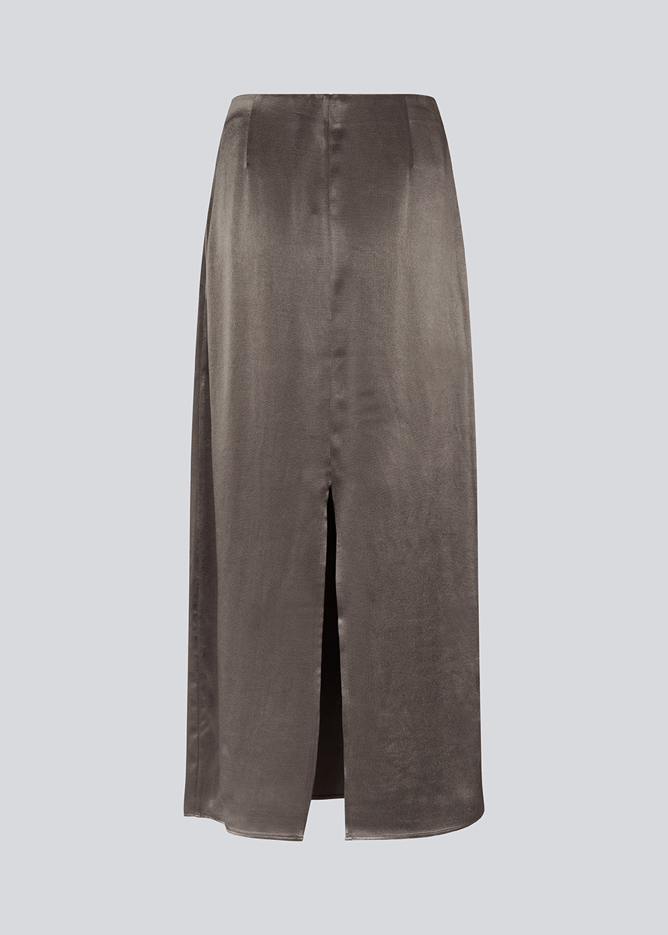 Elegant maxi nederdel i viskose satin i brun. KindleMD skirt har en slids bagpå og en usynlig lynlås i siden.