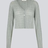 Strikket cardigan i metallisk materiale. KristenMD cardigan er sølv, har en løs pasform, en V-udskæring og er let cropped.