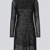 Sort kort kjole med pailletter. LaraMD dress er figursyet med rund hals og langeærmer og åbning med knap i nakken.