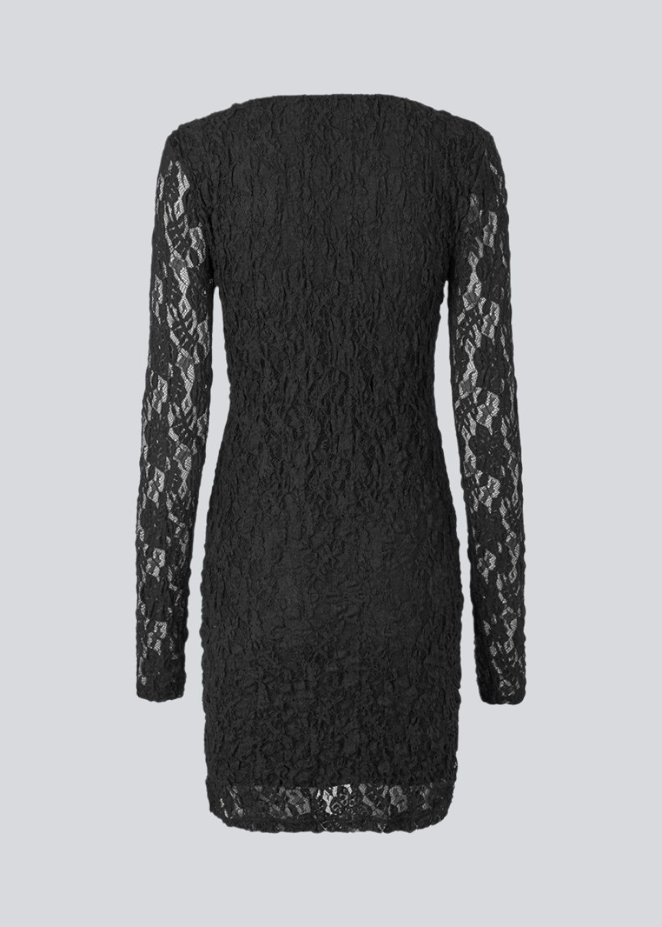 Kort figursyet kjole i elastisk blondemateriale. MalmunMD dress har en asymmetrisk halsudskæring med en åbning med knappelukning.