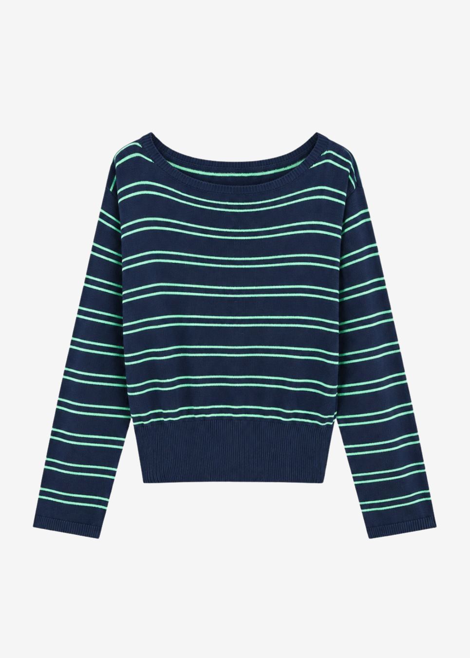 Top med bådudskæring i blød bomuldsstrik. MalvaMD boatneck har vandrette striber, lange ærmer og ribkanter ved manchetter og nederst. Style den med jeans med lige ben eller en let nederdel.
