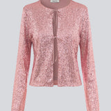 Pink langærmet cardigan med palietter. MulanMD top har lange brede ærmer, er let cropped og har 2 bindebånd fortil.