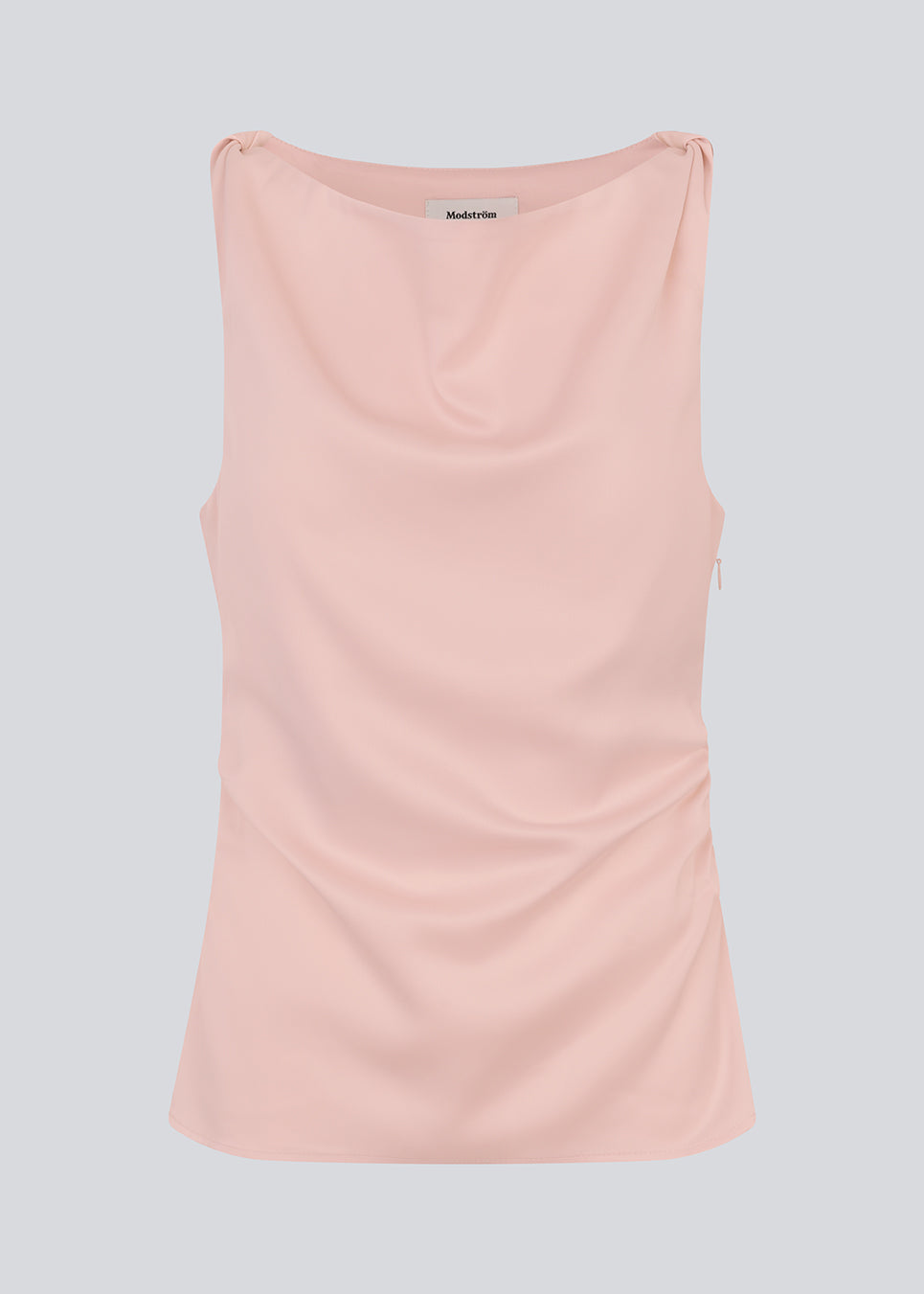 Figursyet lyserød top i satin. MylaMD top er ærmeløs, har rynkedetaljer i siden og en usynlig lynlås.
