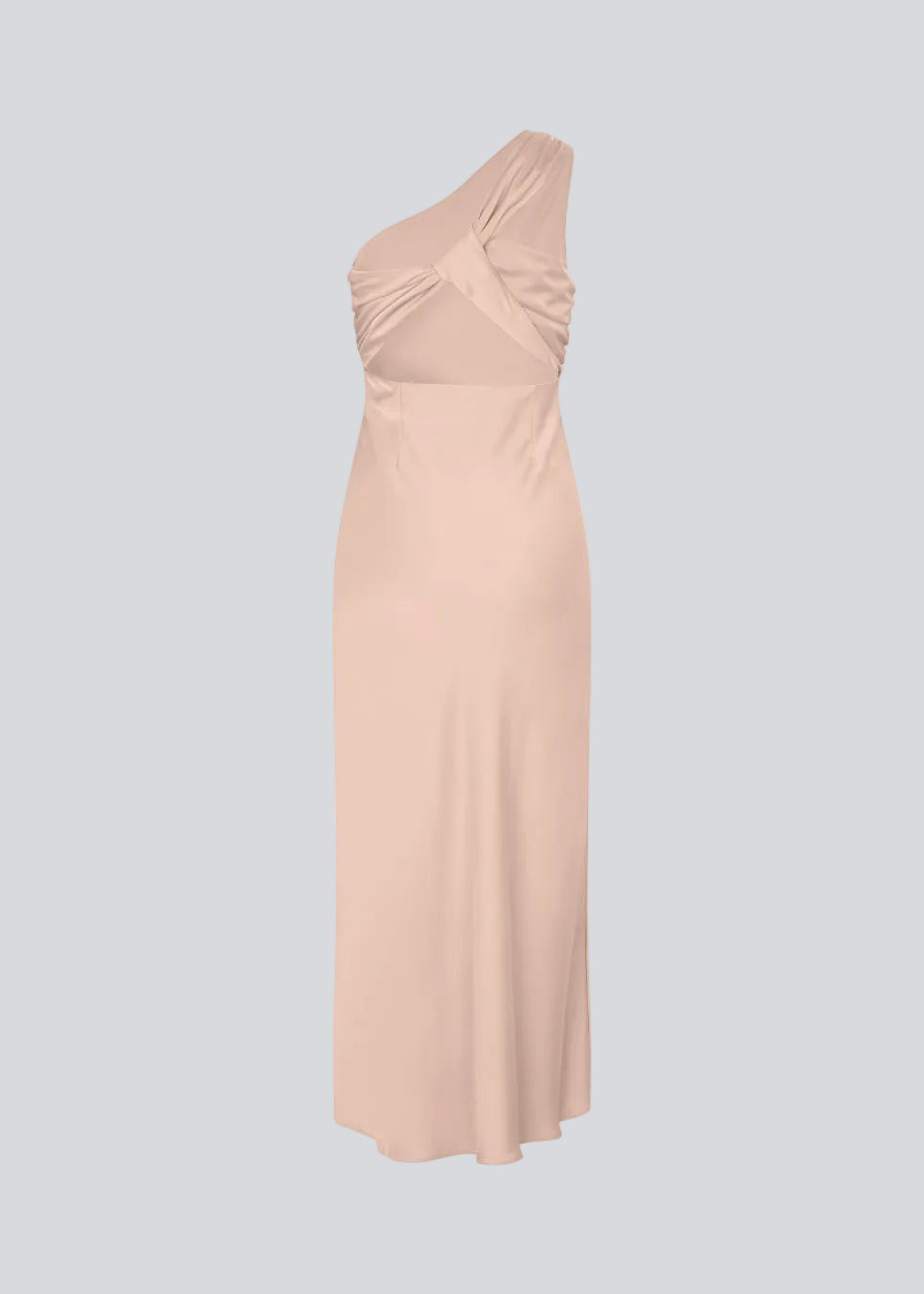 Lang one shoulder kjole i satin. NarcissaMD dress har en åben ryg med smukke detaljer og en usynlig lynlås i siden.