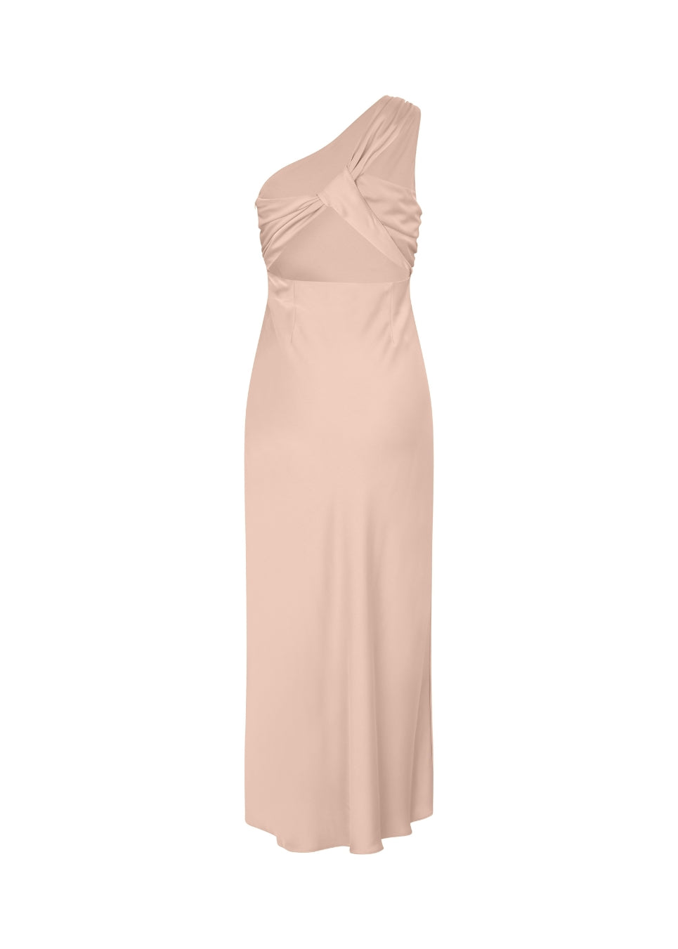 Lang one shoulder kjole i satin. NarcissaMD dress har en åben ryg med smukke detaljer og en usynlig lynlås i siden.