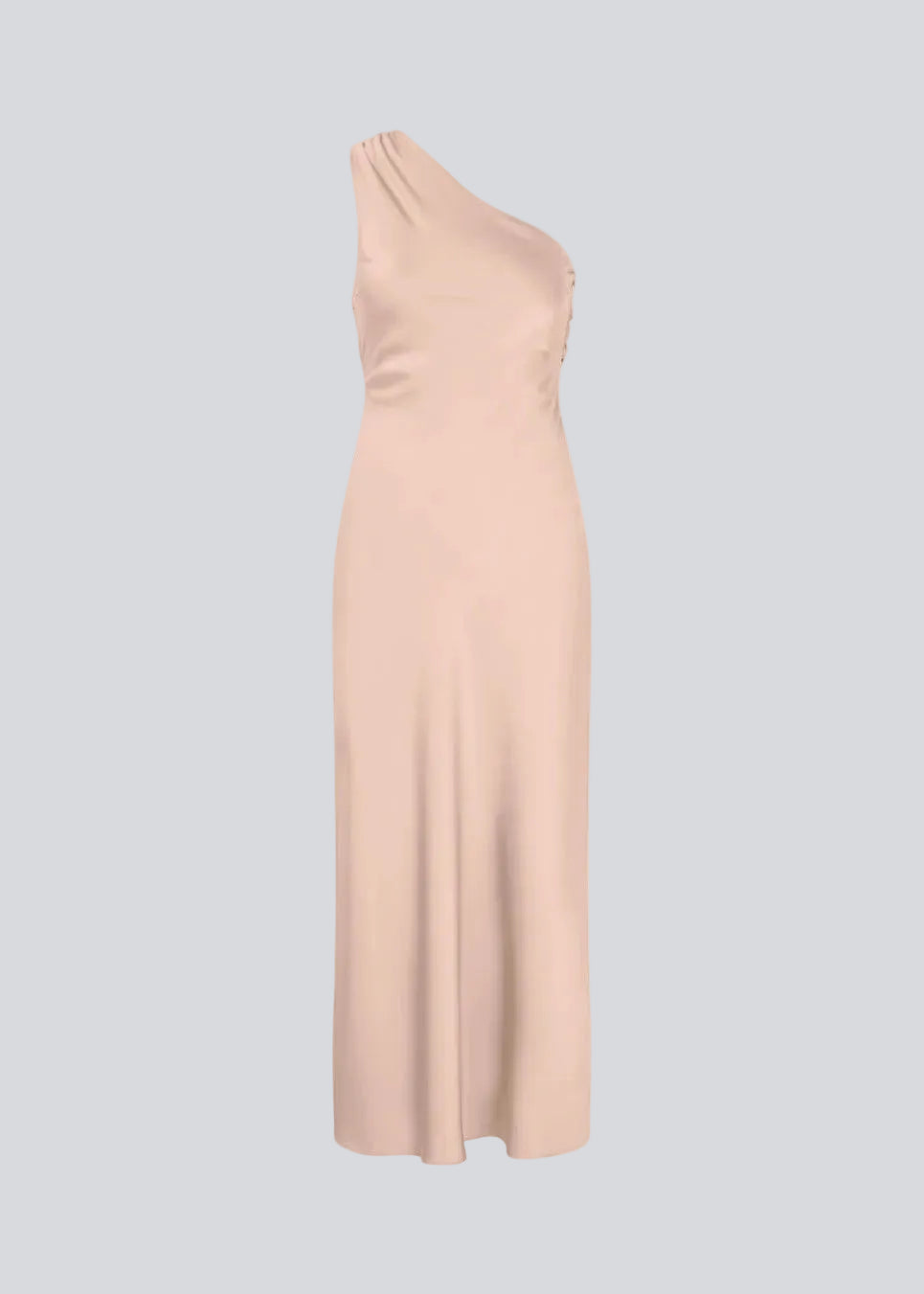 Lang one shoulder kjole i satin. NarcissaMD dress har en åben ryg med smukke detaljer og en usynlig lynlås i siden.
