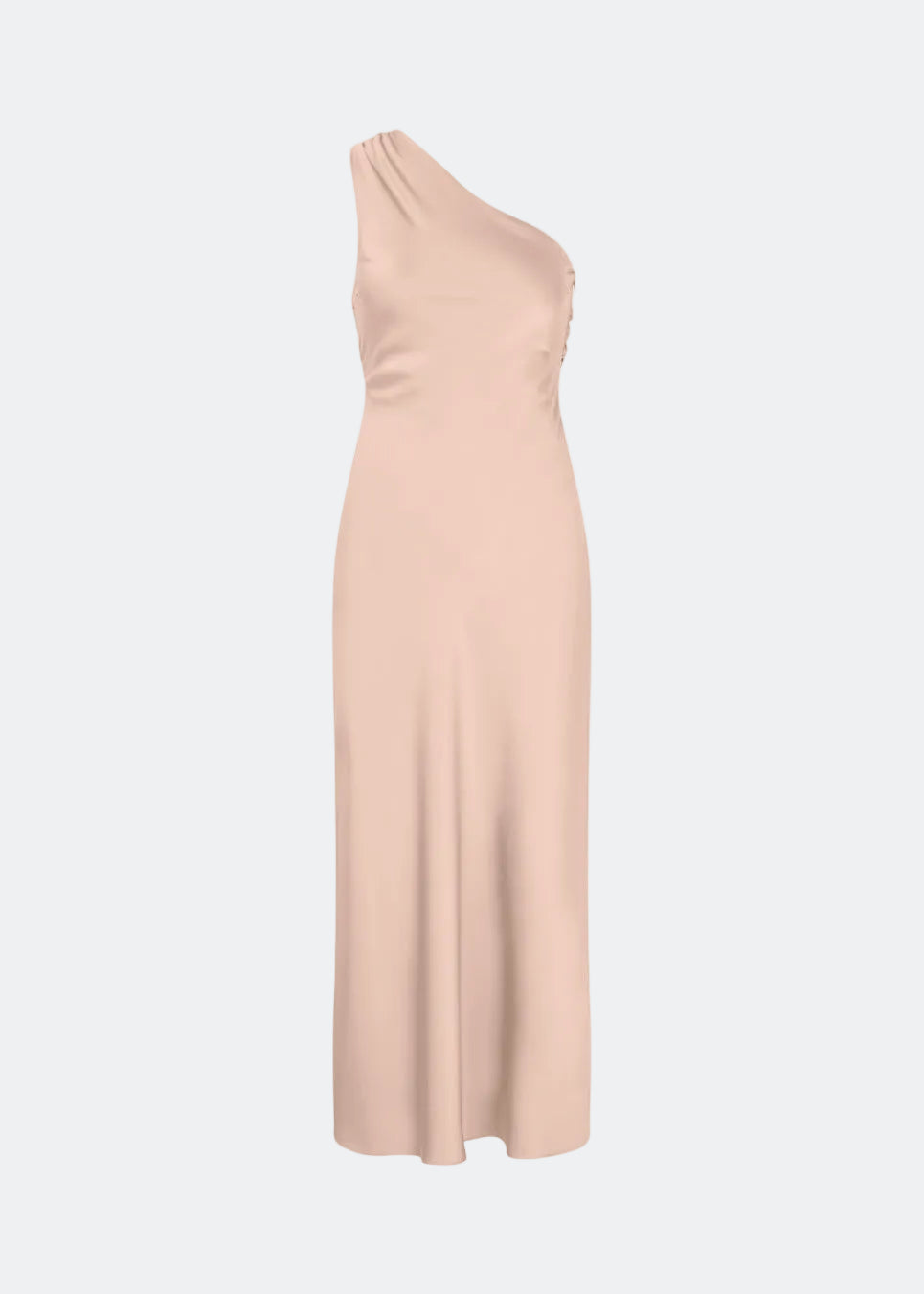 Lang one shoulder kjole i satin. NarcissaMD dress har en åben ryg med smukke detaljer og en usynlig lynlås i siden.
