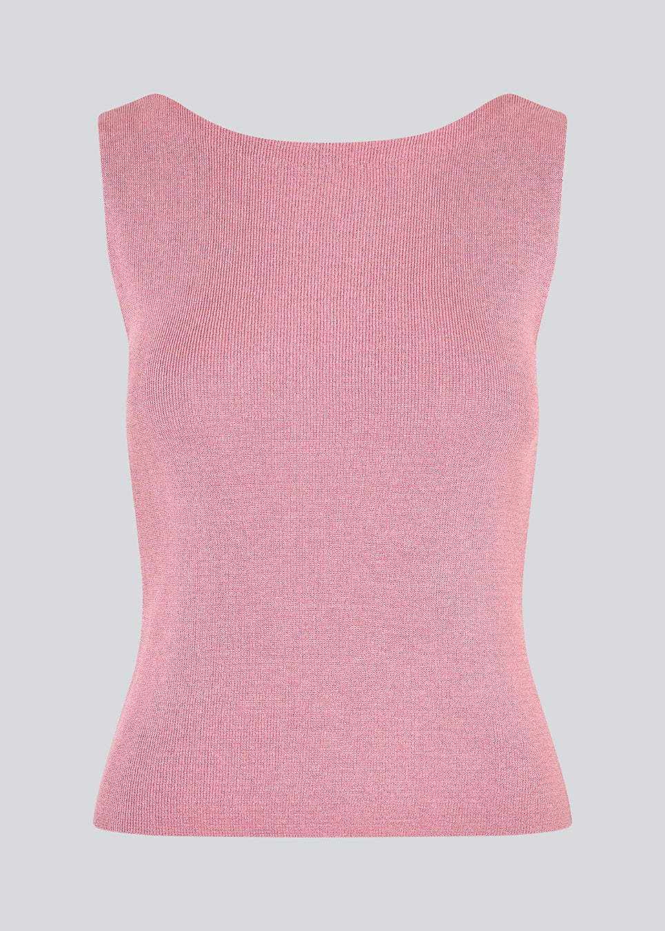 Ærmeløs top i pink/lyserød i en skinnende strik. NavalMD top har en rund hals og en dyb rygudskæring.
