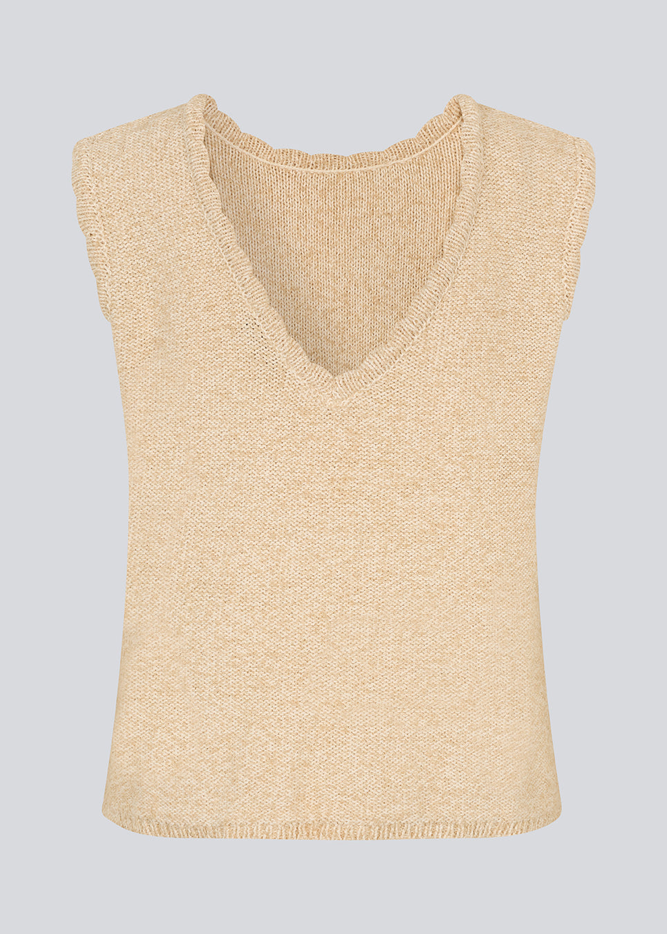 Strikket top i beige uden ærmer i bomuld. NerissaMD top har detaljerede kanter og en dyb v-udskæring på ryggen.