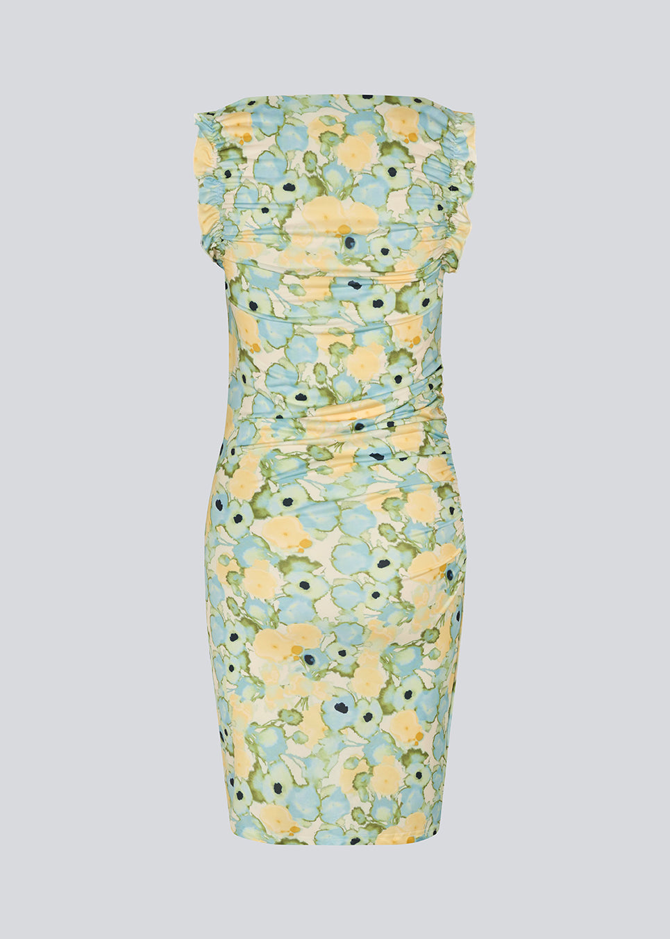 Tætsiddende kjole i lavet i 100% recycled polyester. Nettimd print dress har en flæsekant ved ærmegabet og rynke-detalje i siden. Kjolen har det smukkeste blomstret print, perfekt til sommeren.
