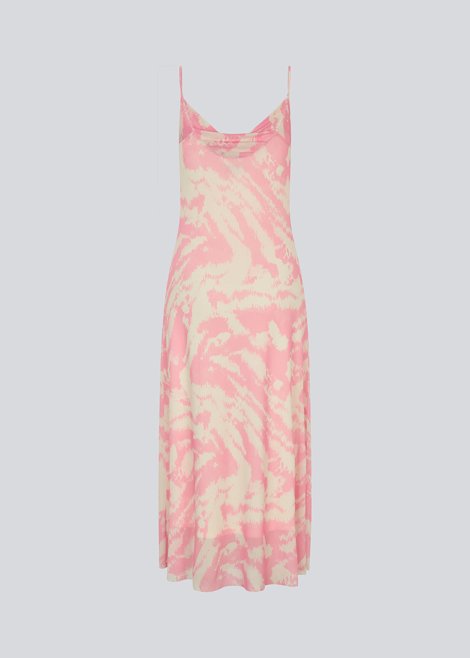 Lang kjole med tynde stropper og vandfalds-detalje fortil. NimraMD print dress er lavet i et let transperant materiale med for.