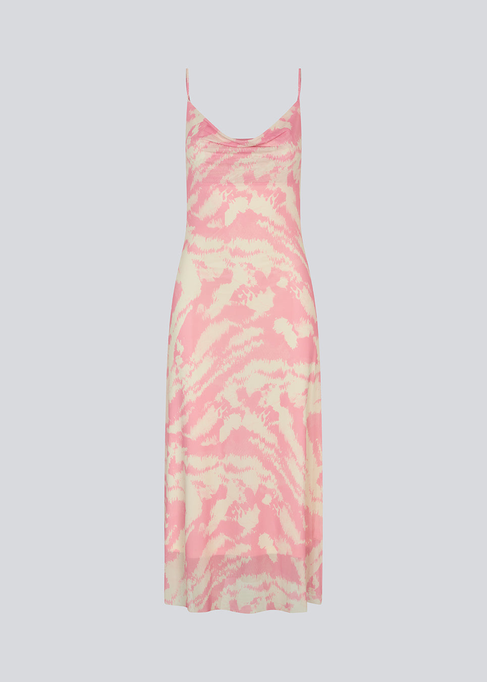 Lang kjole med tynde stropper og vandfalds-detalje fortil. NimraMD print dress er lavet i et let transperant materiale med for.