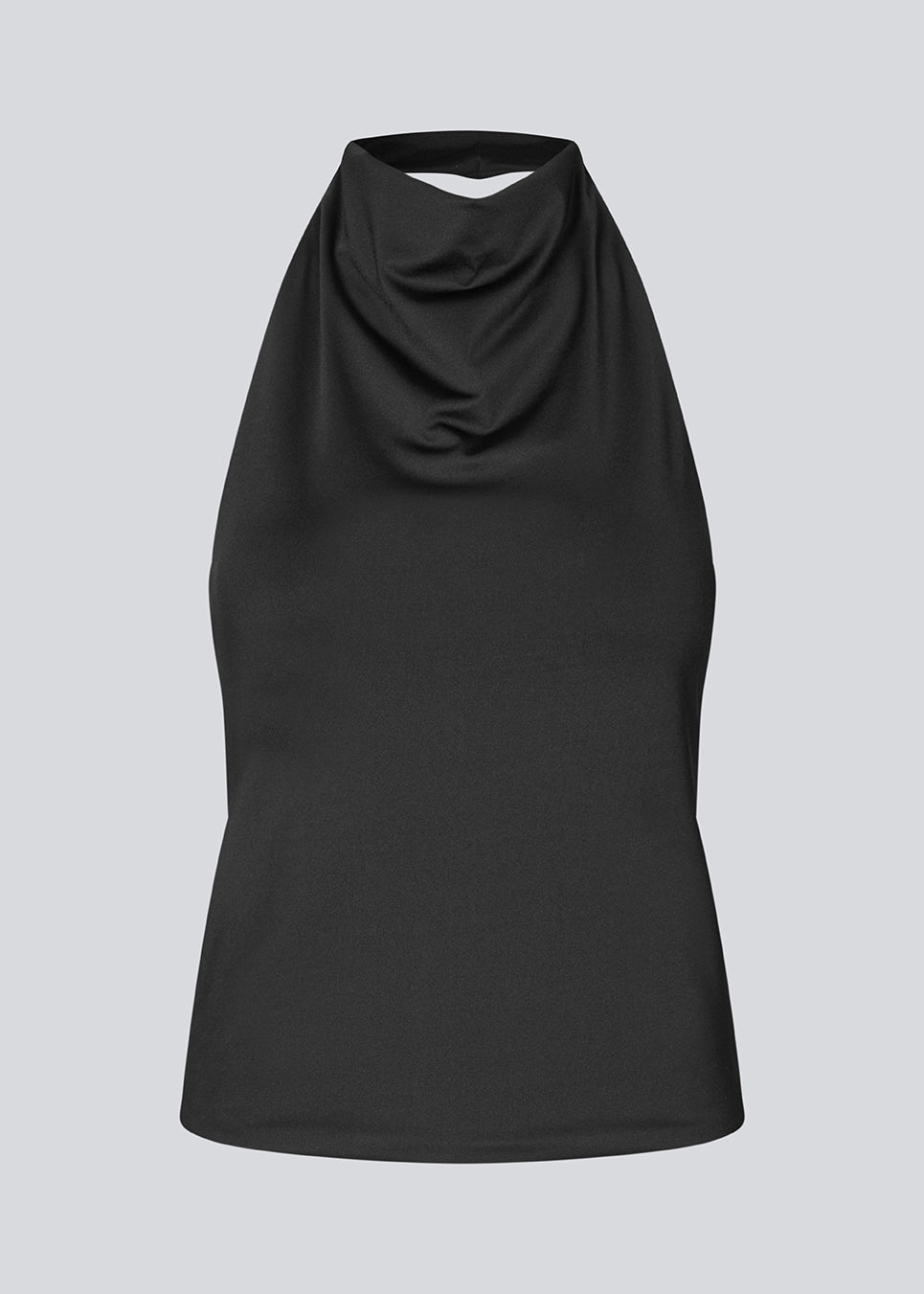 Figursyet halterneck top uden ærmer. Parissamd top har vandfaldsdetaljer fortil og en åben ryg. Modellen er 175 cm og har en str. S/36 på.