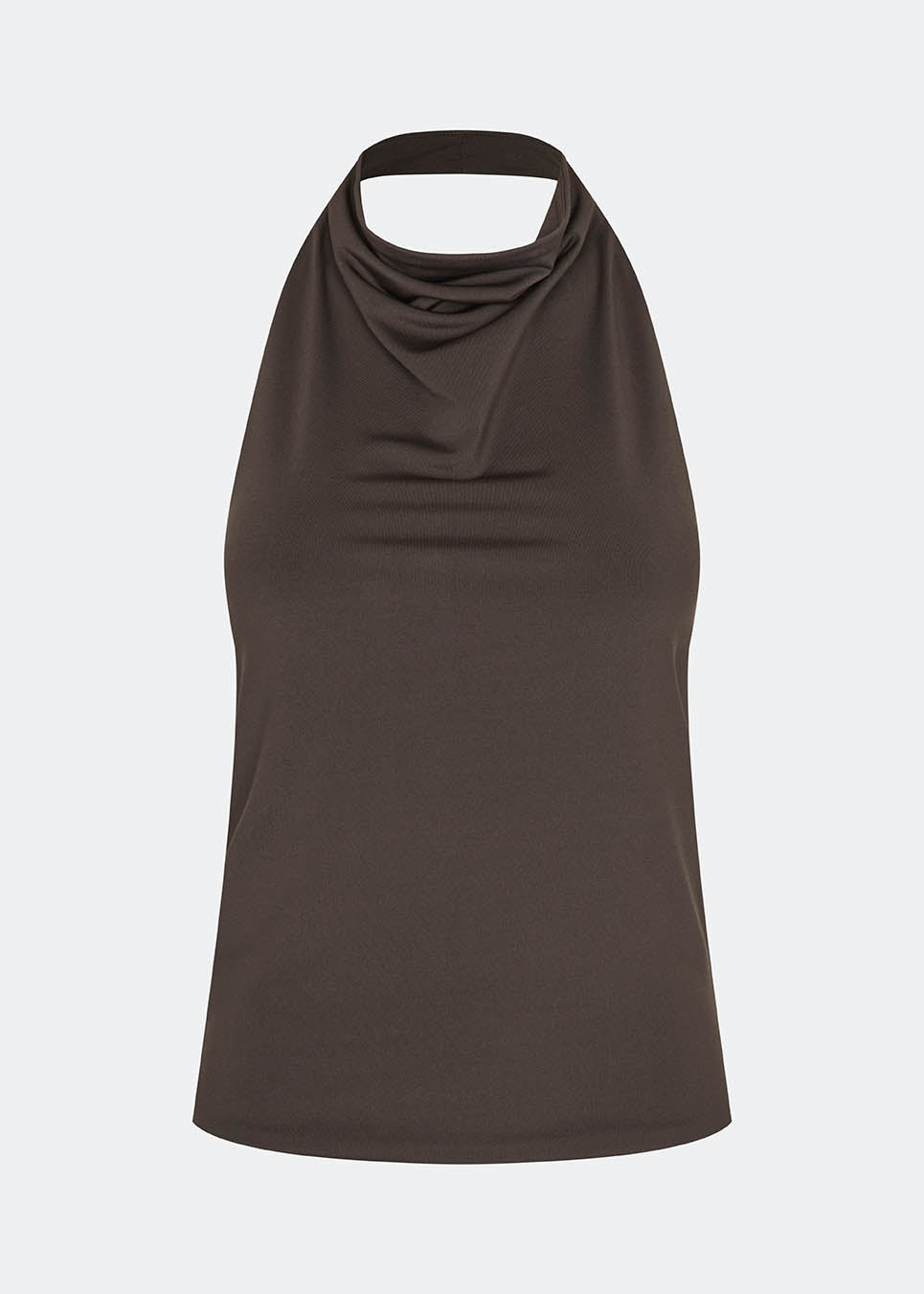 Figursyet halterneck top uden ærmer. Parissamd top har vandfaldsdetaljer fortil og en åben ryg. Modellen er 175 cm og har en str. S/36 på.