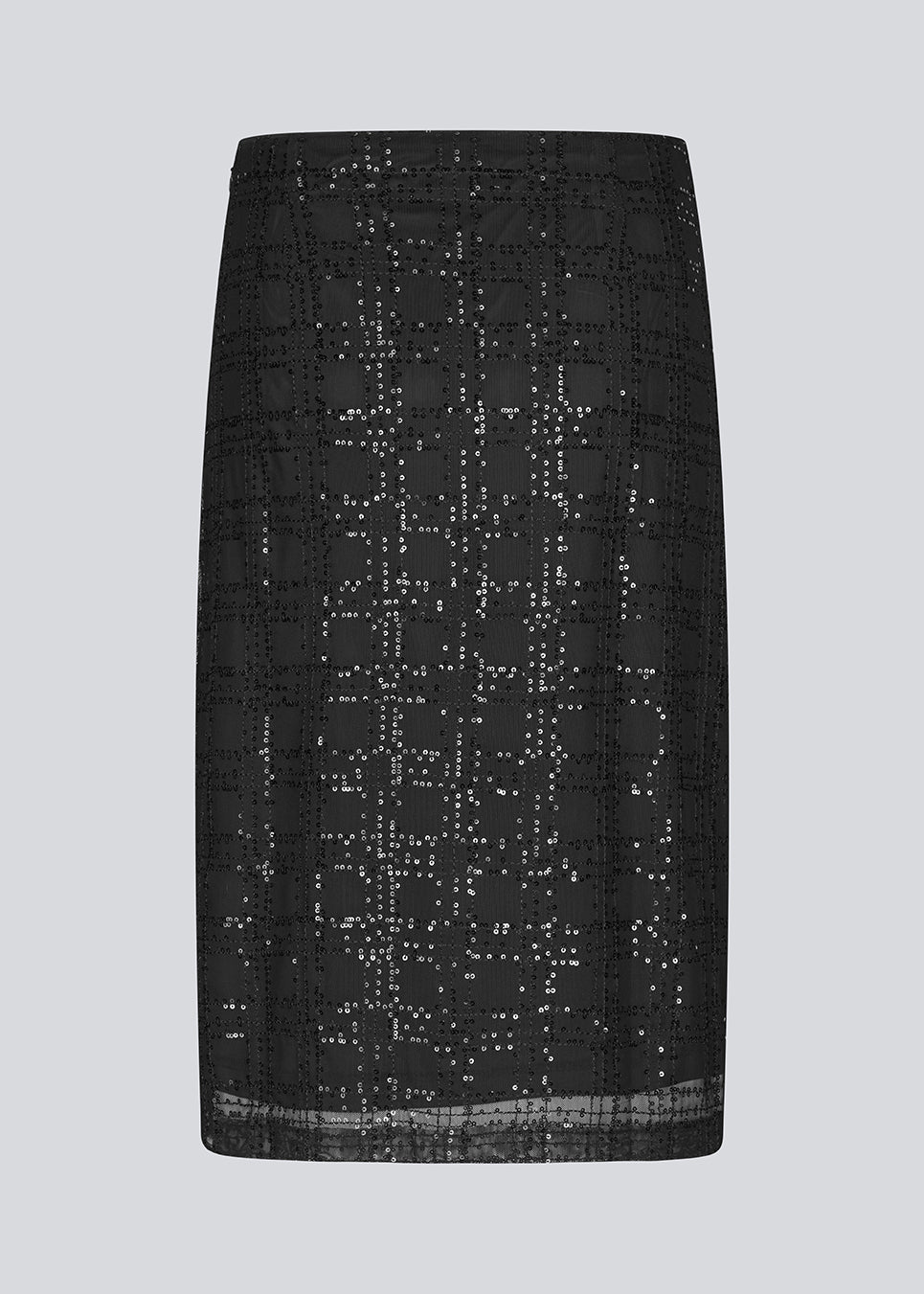 Sort mellemlang nederdel med i et transparant materiale med palietter. Paerleenmd skirt har foer og en usynlig lynlås i siden.
