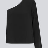One shoulder top i sort med langt ærme i let, vævet kvalitet. PerryMD top har en løs pasform. Modellen er 175 cm og har en størrelse S/36 på. Indersøm (S/36): 81 cm Bukserne forlænges med 0,5 cm for hver størrelse. Modellen er 173 cm og har en størrelse S/36 på