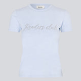 Tætsiddende t-shirt med rhinsten økologisk bomuld. Plaimamd print t-shirt er let cropped;og har en rund hals. Modellen er 175 cm og har en str S/36 på.