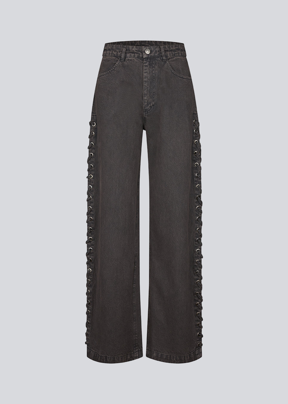Sorte/mørkegrå Jeans med brede ben. Riyamd pants har høj talje og snørredetaljer langs benene, der giver den et cool og edgy look.