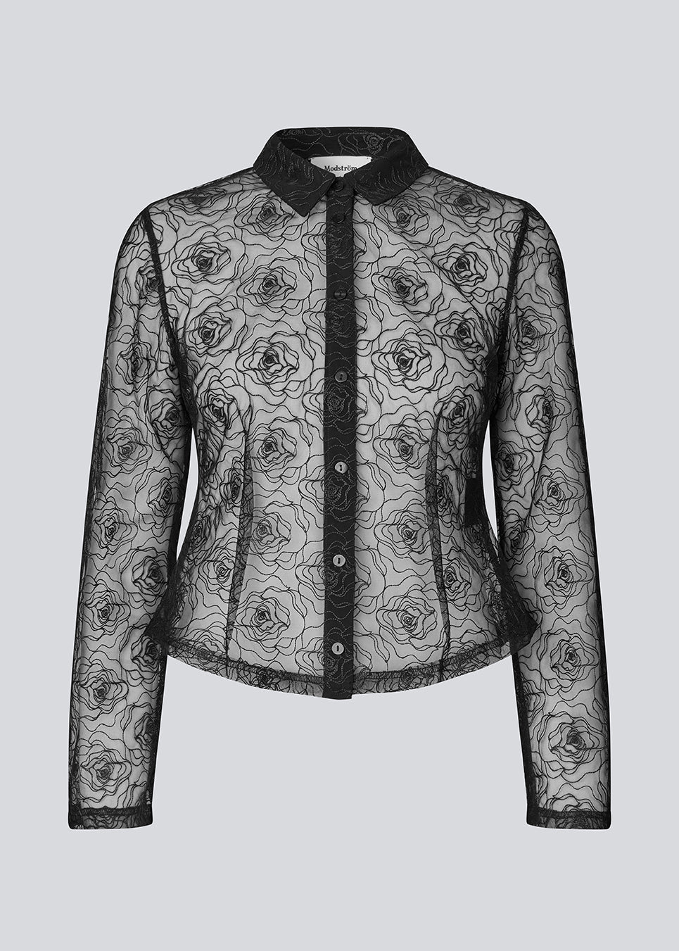 Sort figursyet skjorte i gennemsigtig materiale. Roccomd shirt har en klassisk krave og knaplukning med et smuk syet rosenmønster – feminin og stilfuld.
